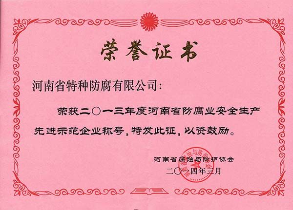 2013年度河南省安全生產(chǎn)先進示范企業(yè)稱號