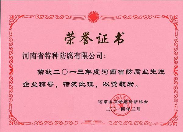 2013年度河南省防腐先進企業(yè)稱號